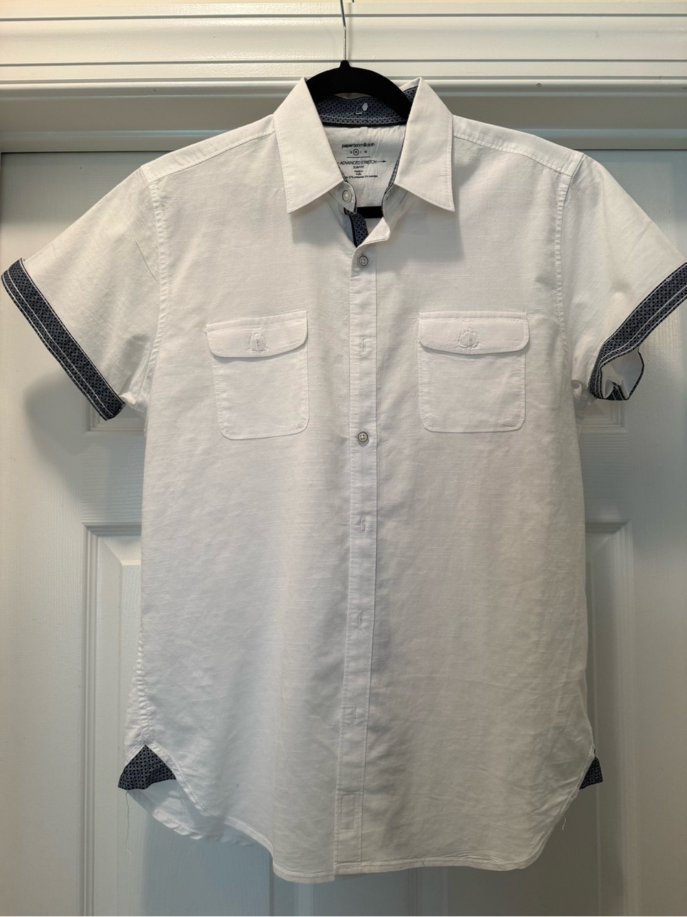 Men's Short-Sleeve White Button-Up Shirt with Blue Details